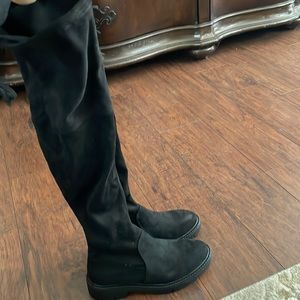 Black suede thigh high flat boots